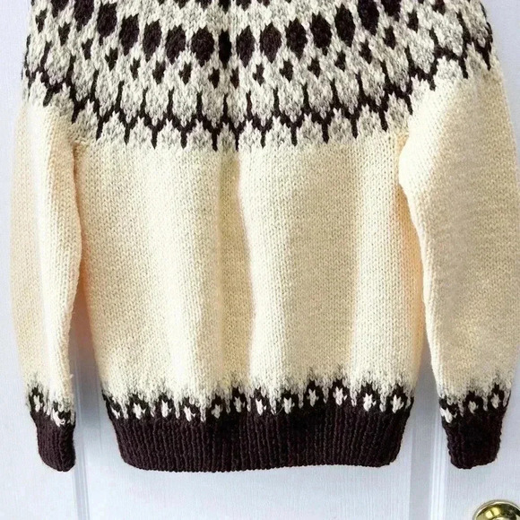 Hand Knit Cardigan Button Up Sweater Fair Isle Yellow and Brown  Size Small - Picture 8 of 13